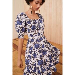 Ulla Johnson Celia Dress‎ Lapis Floral Print Mini Puff Sleeve Tiered Size 0 Blue